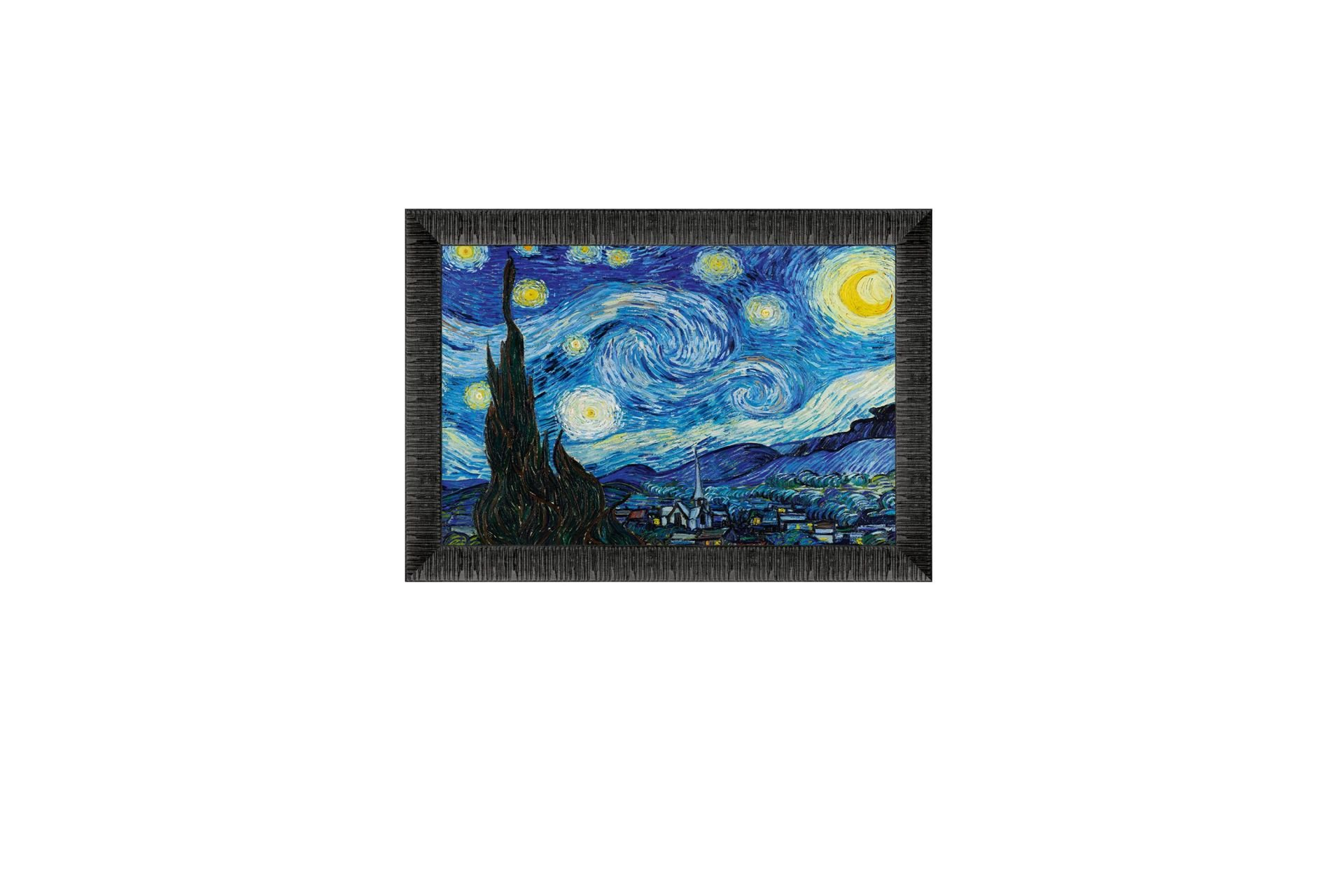 Van Gogh'un 'Yıldızlı Gece' tablosu siyah çerçevede. Dönen bulutlar, yıldızlar, ay ve ön planda koyu bir ağaç ile koyu mavi gökyüzü.