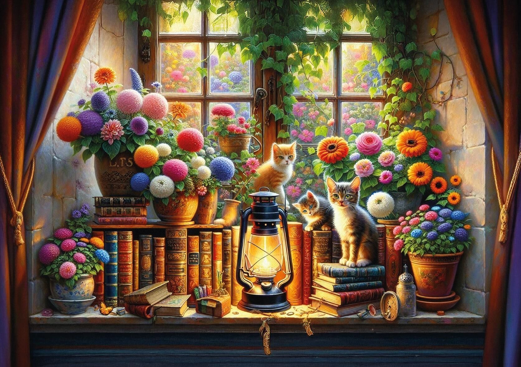 Çiçekler, kitaplar, kediler ve bir fener bulunan bir pencere sahnesi. Saksılarda renkli çiçekler, kitapların üzerinde kediler, yanan bir fener ve bir pencere.