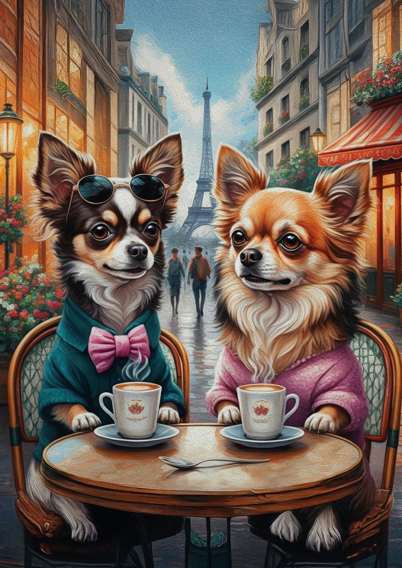 Paris kafesinde iki köpek. Biri güneş gözlüğü ve papyon takıyor. Arka planda Eyfel Kulesi, yanlarda binalar, masada kahve.