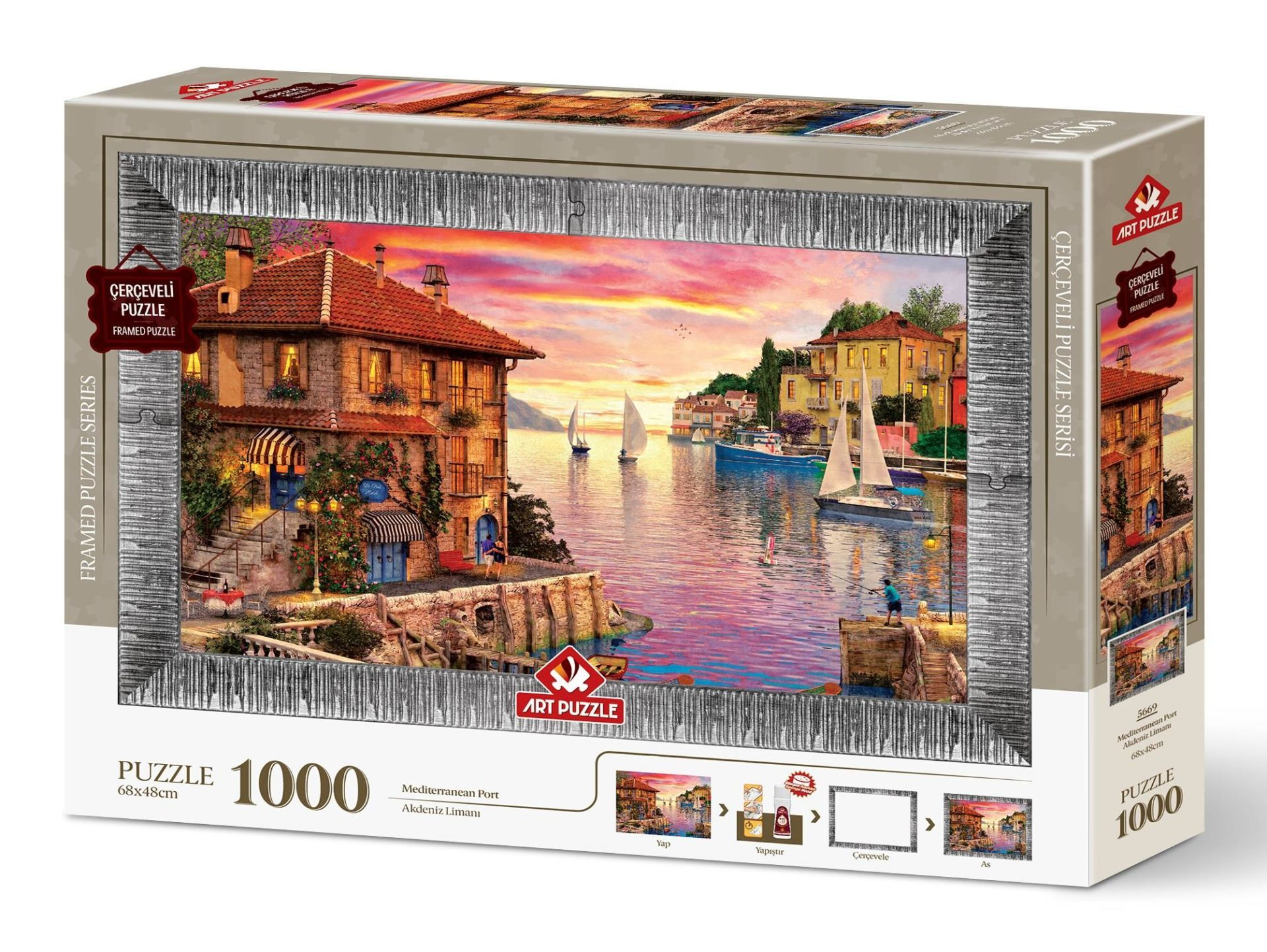 Puzzle kutusu, binalar, tekneler ve gün batımı gökyüzü ile bir Akdeniz liman sahnesini gösteriyor. Çerçeveli puzzle serisi etiketleniyor.