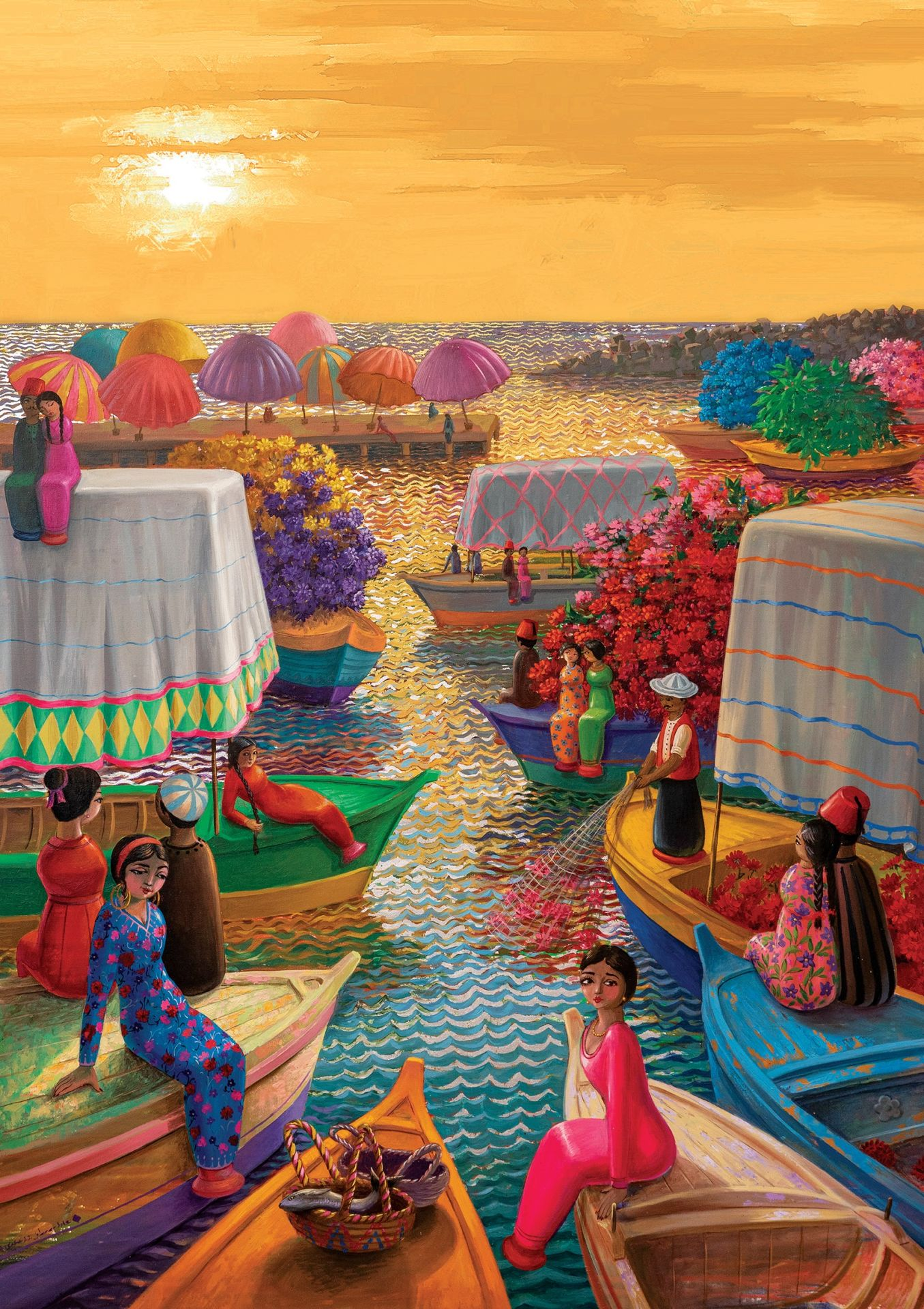 Barche sull'acqua con persone in abiti tradizionali. Ombrelli colorati, fiori e un cielo al tramonto creano una scena vibrante.