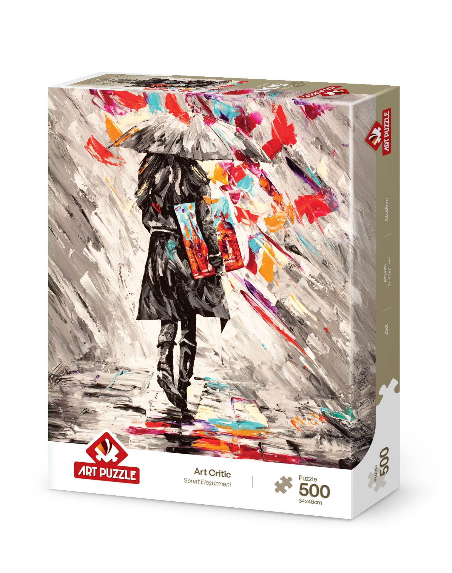 Scatola del puzzle che mostra una persona con un ombrello che cammina sotto la pioggia. Colpi di colore vivaci sullo sfondo.