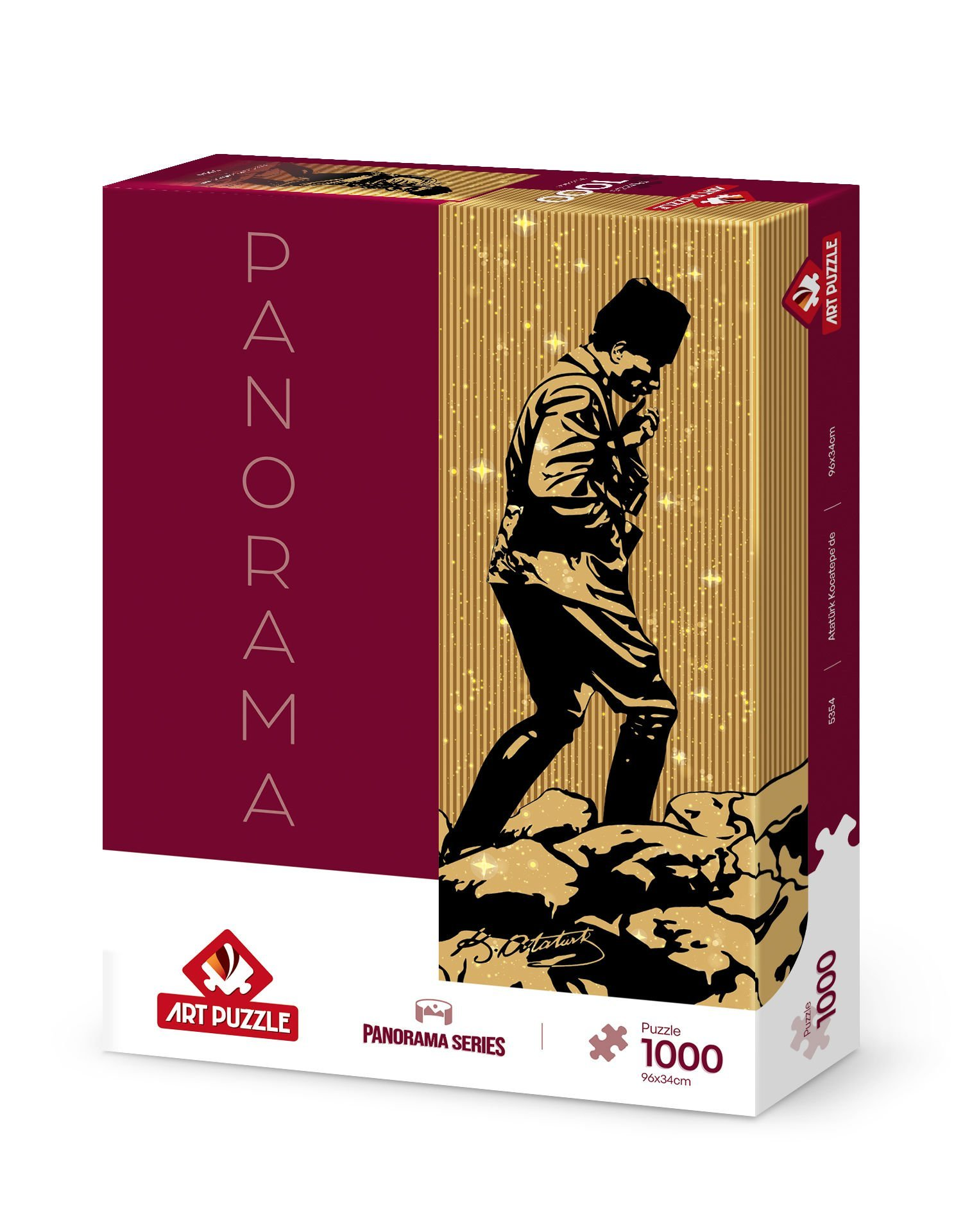 Silüet şeklinde Atatürk resimli puzzle kutusu. Kenarda 'Panorama' yazısı var. 'Art Puzzle' logosu görünür durumda.