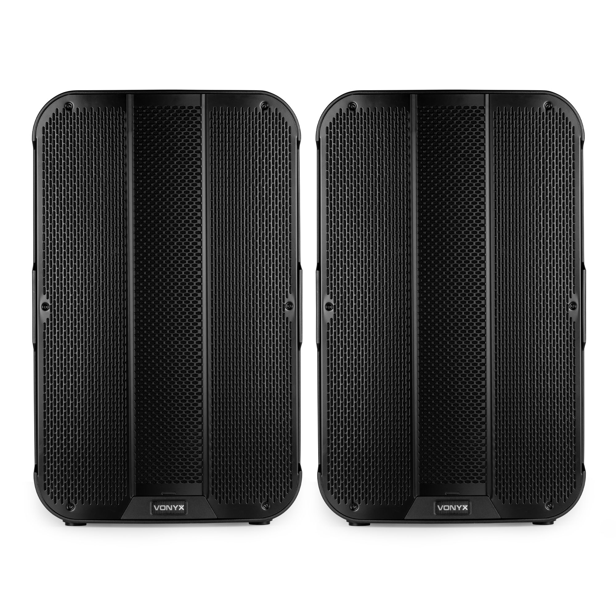 Dos altavoces negros Vonyx sobre fondo blanco. Cada altavoz tiene frontal de malla y esquinas redondeadas.