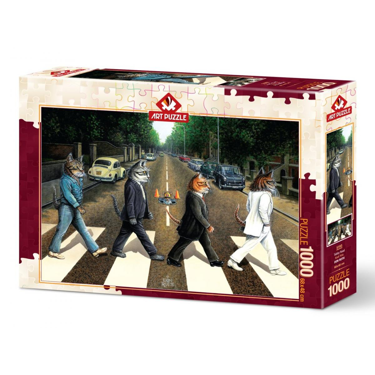 Beatles gibi bir caddeden geçen kedilerin yapboz kutusu. Arka planda arabalar ve ağaçlar. Sanat yapbozu ve yapboz 1000 etiketleri.