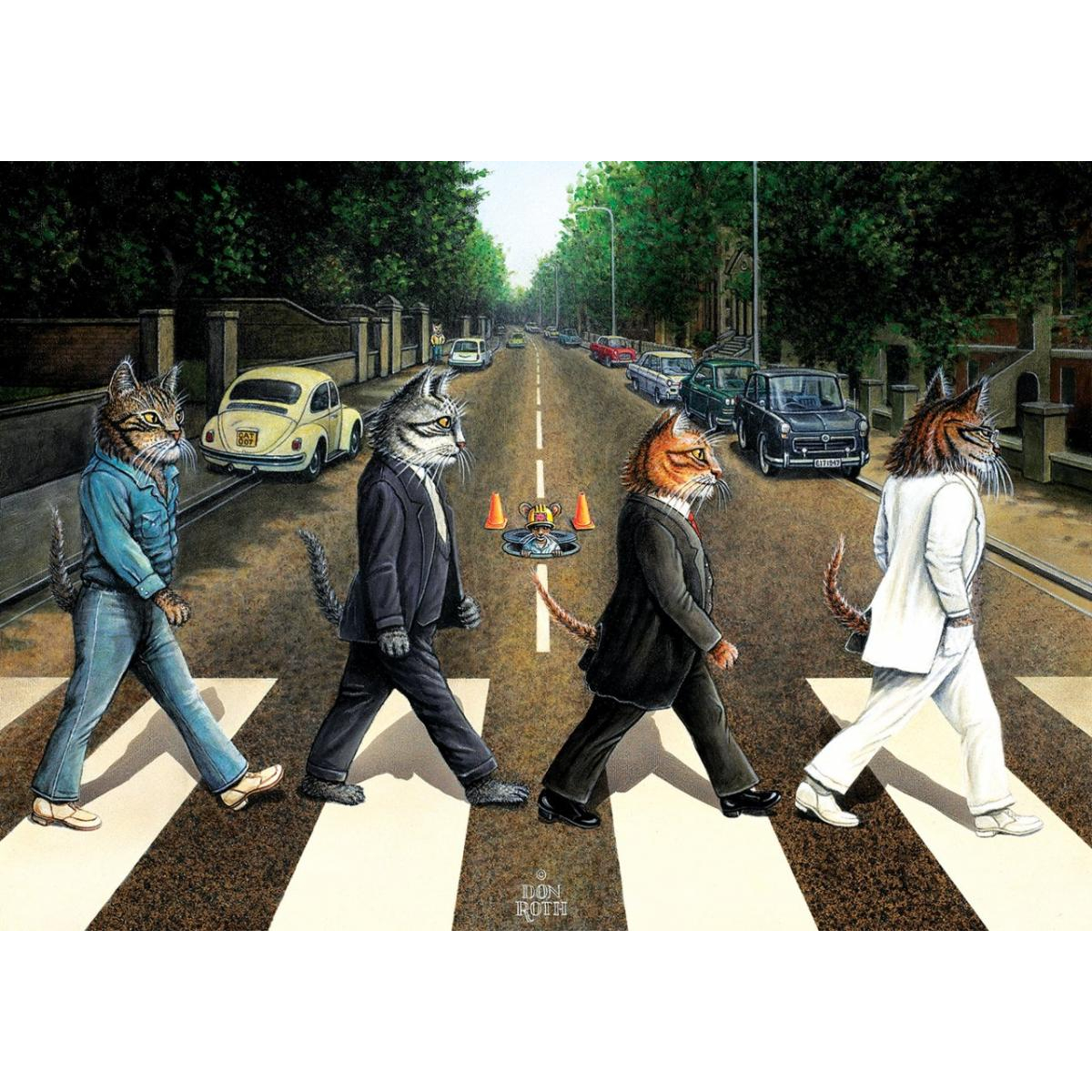 Beatles gibi giyinmiş kediler yaya geçidinden yürüyor. Arka planda arabalar ve ağaçlar var. Solda sarı bir vosvos var.