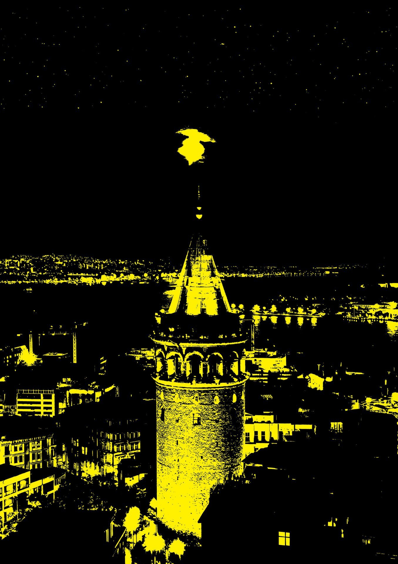 Gece sarı Galata Kulesi. Arka planda şehir ışıkları, üstte yıldızlı gökyüzü. Binalar ve ağaçlar görülebilir.