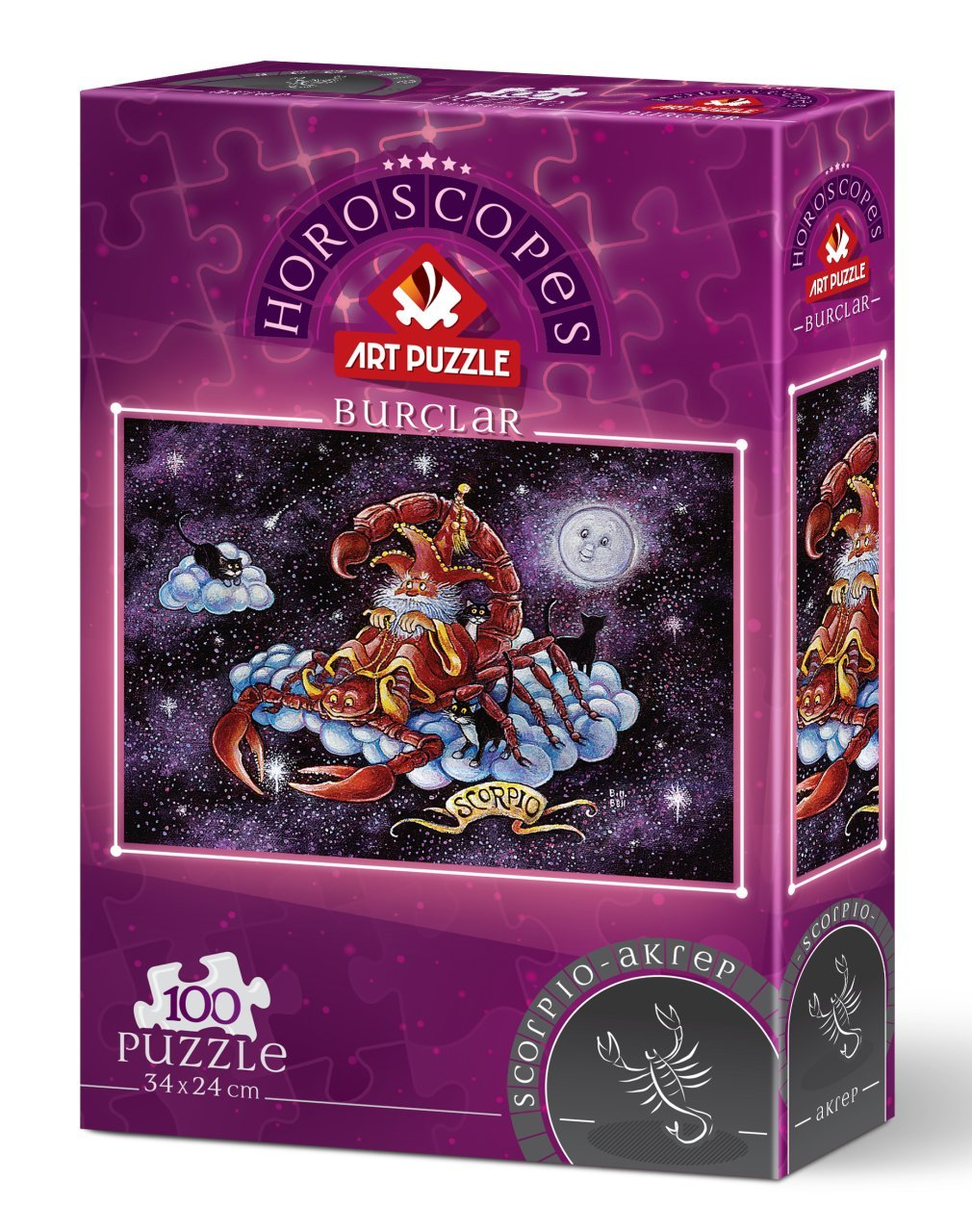 Scatola di puzzle con un'illustrazione dello zodiaco dello Scorpione. Presenta uno scorpione rosso, nuvole, luna e stelle. La scatola dice 'Oroscopi'.