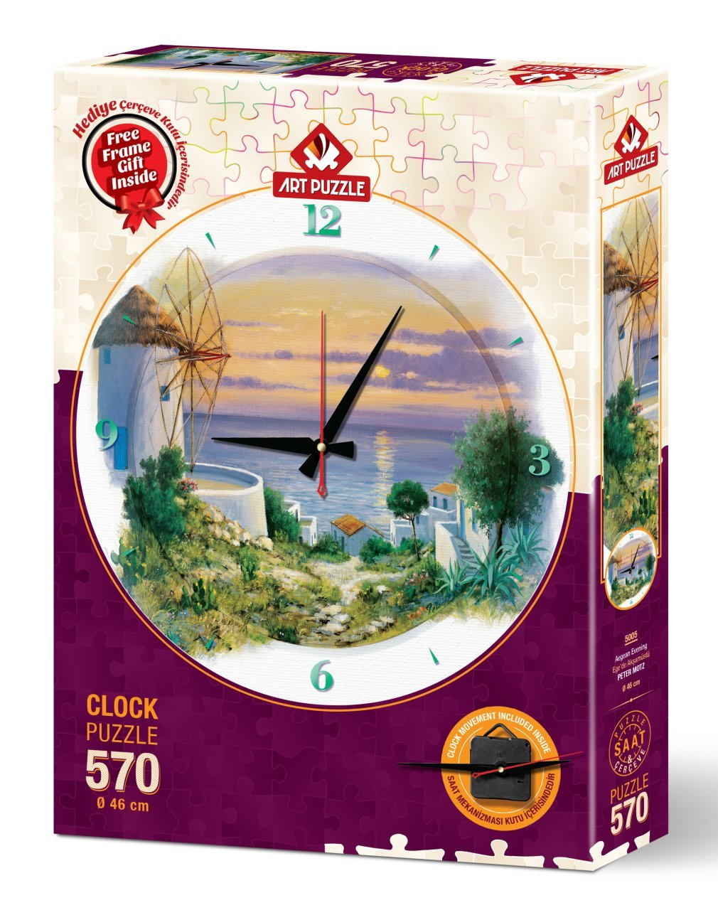 Una scatola di puzzle a orologio con un paesaggio dipinto di una città costiera. Mostra un mulino a vento e l'ora è 6:00. La scatola dice 'Free Frame Gift'.
