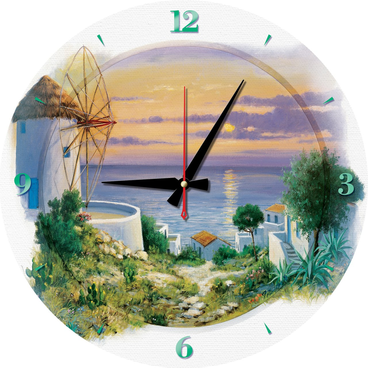 Quadrante con scena costiera. Un mulino a vento, edifici bianchi e il mare al tramonto sono raffigurati.