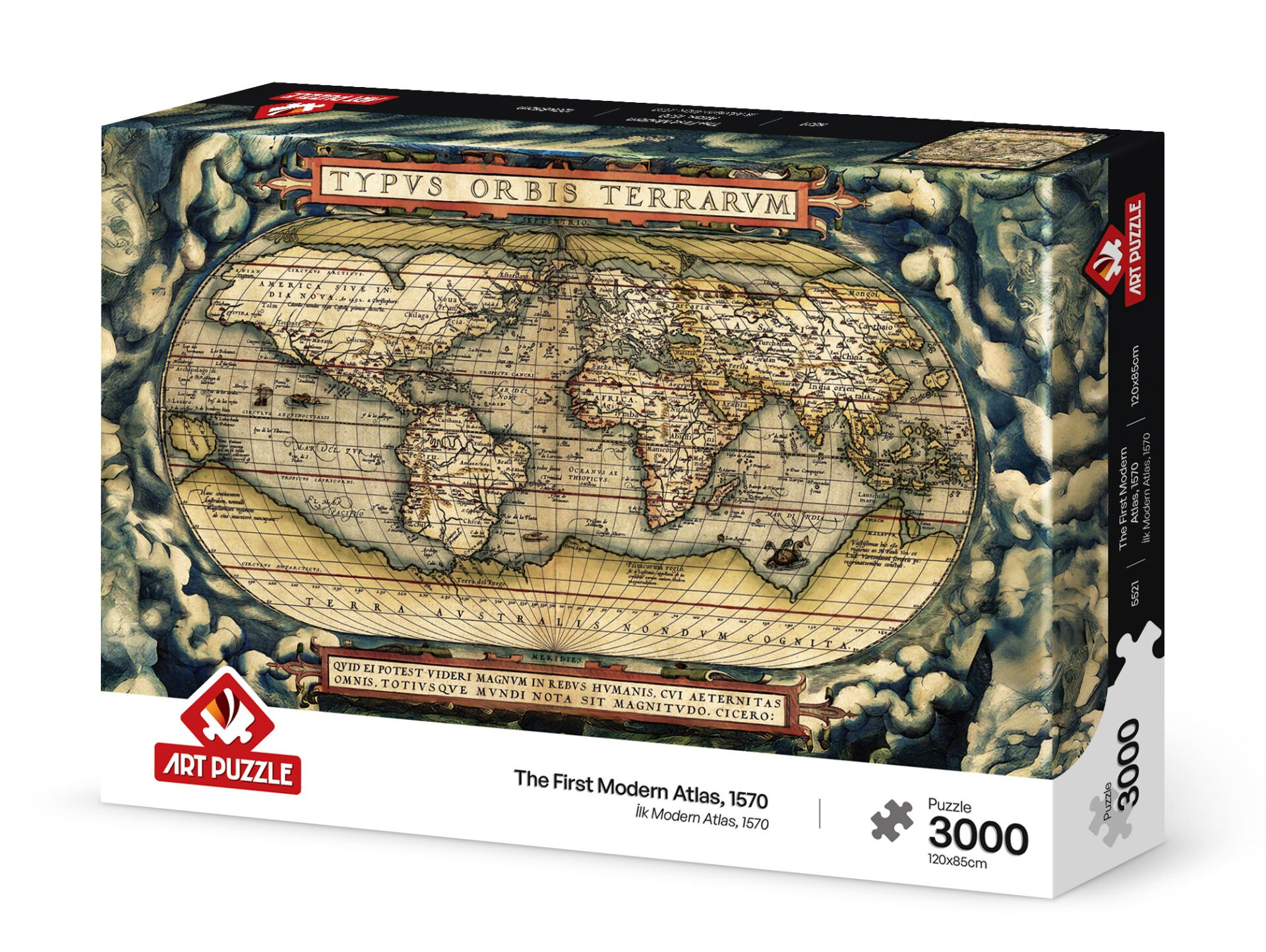 Eski bir dünya haritası olan bir yapboz kutusu. Kutu üzerinde 'TYPVS ORBIS TERRARVM' ve 'The First Modern Atlas, 1570' başlığı yer alıyor.
