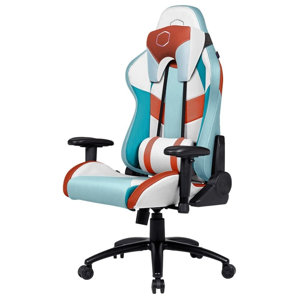 Sedia da gaming con schema di colori blu, bianco e arancione. Braccioli, poggiatesta e cuscino lombare, il tutto su base nera con ruote.