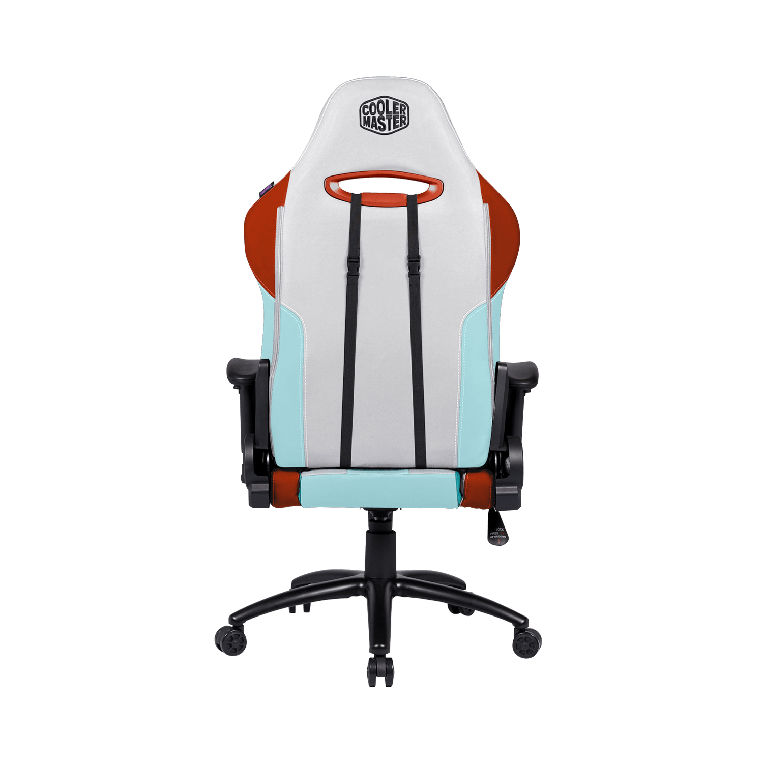 Sedia da gaming, schienale bianco con dettagli arancioni e turchesi. Base e ruote nere. Logo Cooler Master. Sfondo nero.