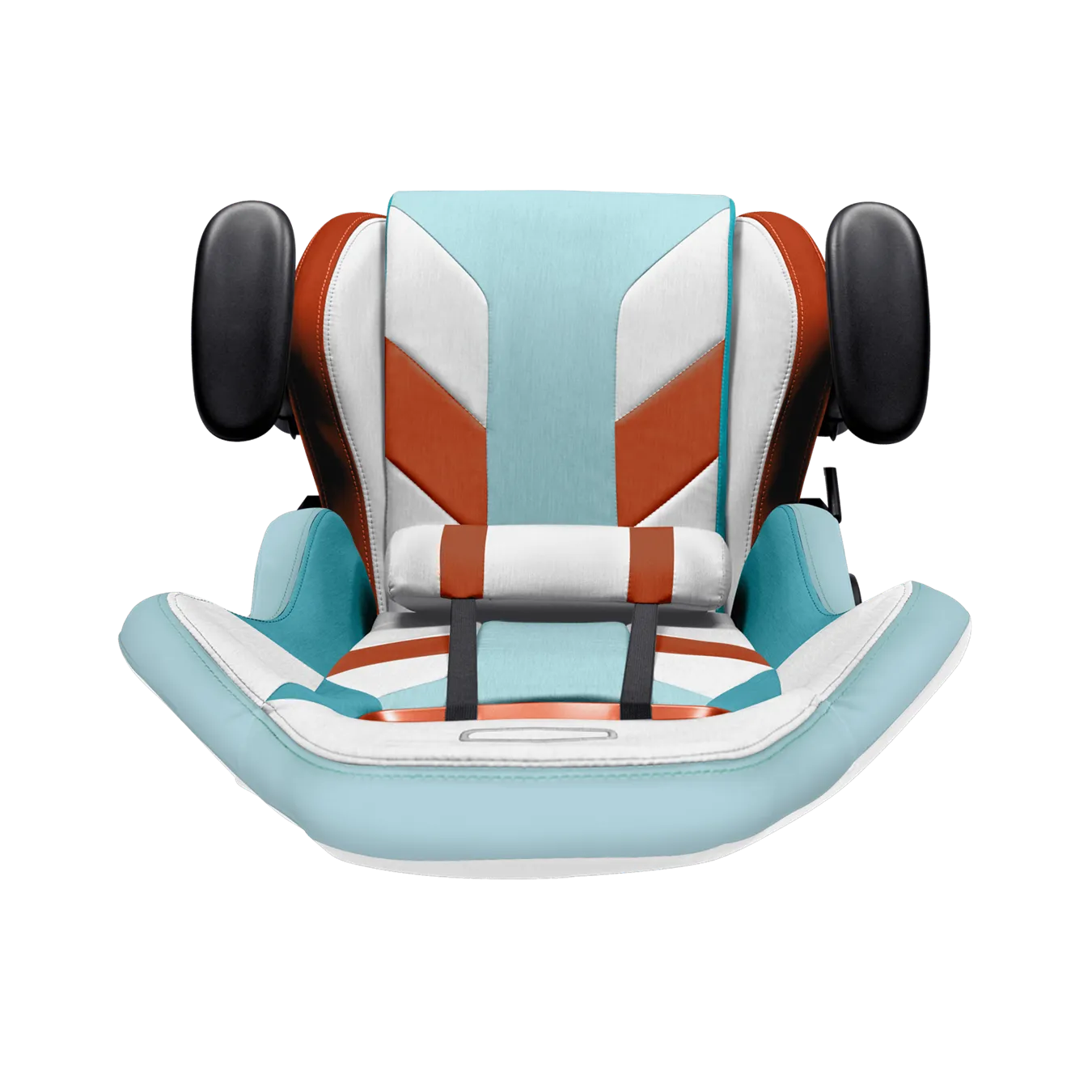 Un seggiolino per bambini con una combinazione di colori bianco, azzurro e arancione. Ha due poggiatesta neri e un poggiatesta bianco.