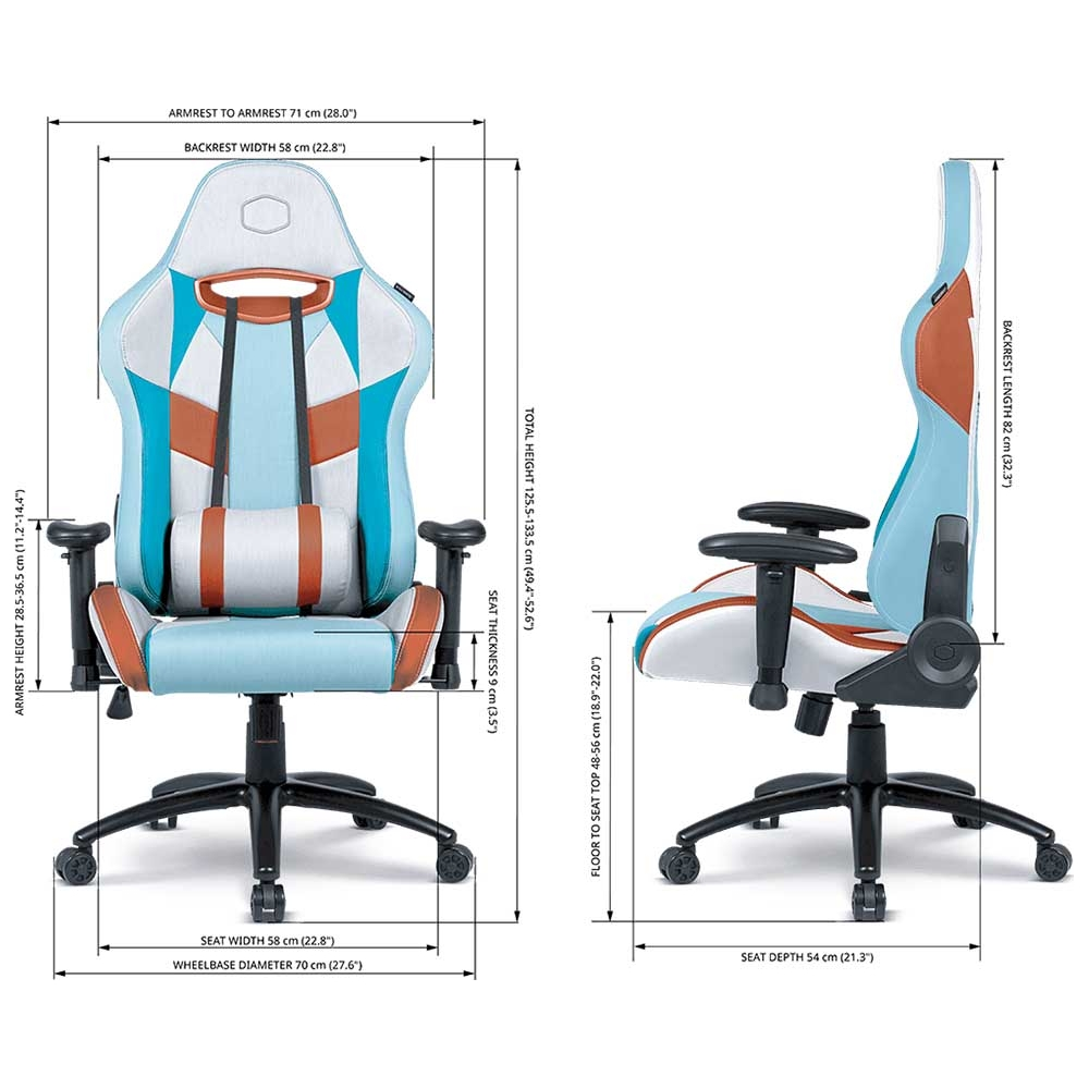 Sedia da gaming con sezioni blu, bianche e marroni. Dimensioni etichettate: altezza, larghezza e profondità. Base nera con ruote.