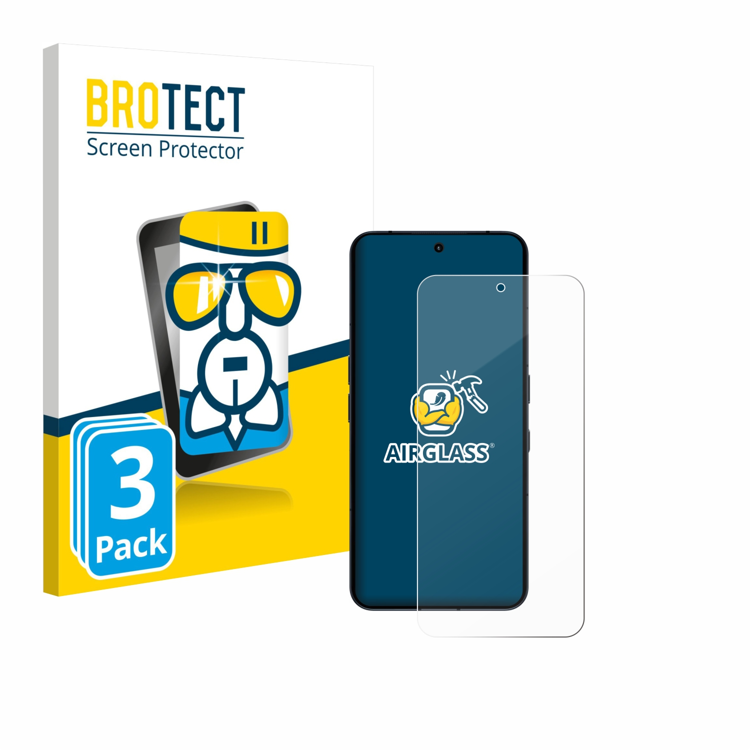 Eine Displayschutzfolienbox mit einem Telefon und einer Schutzfolie. Auf der Box steht 'BROTECT Screen Protector' und '3er-Pack'.