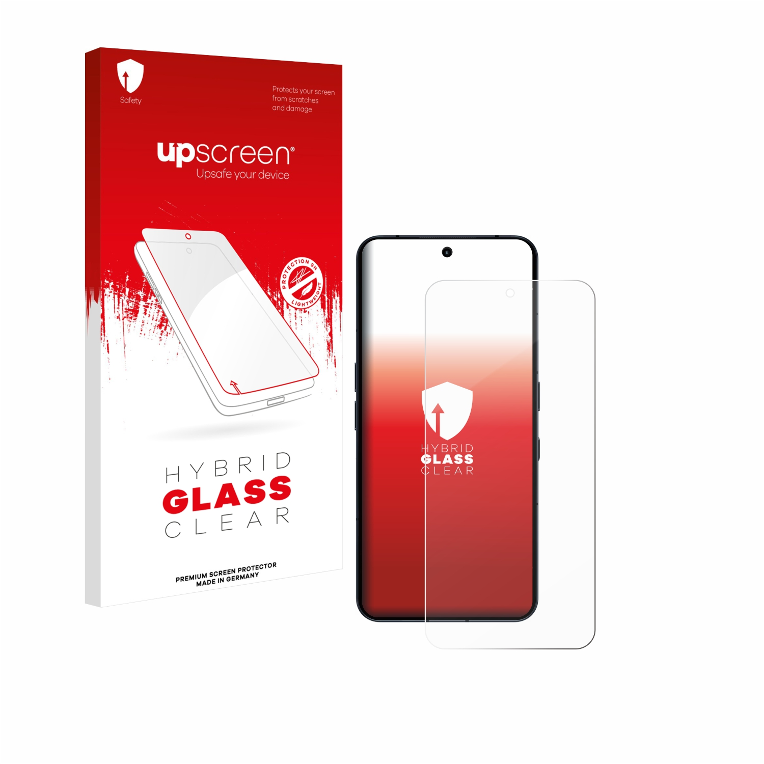 Ein Telefon und eine Displayschutzbox mit einem Glasschutz. Die Box ist rot und weiß, das Telefon ist schwarz.