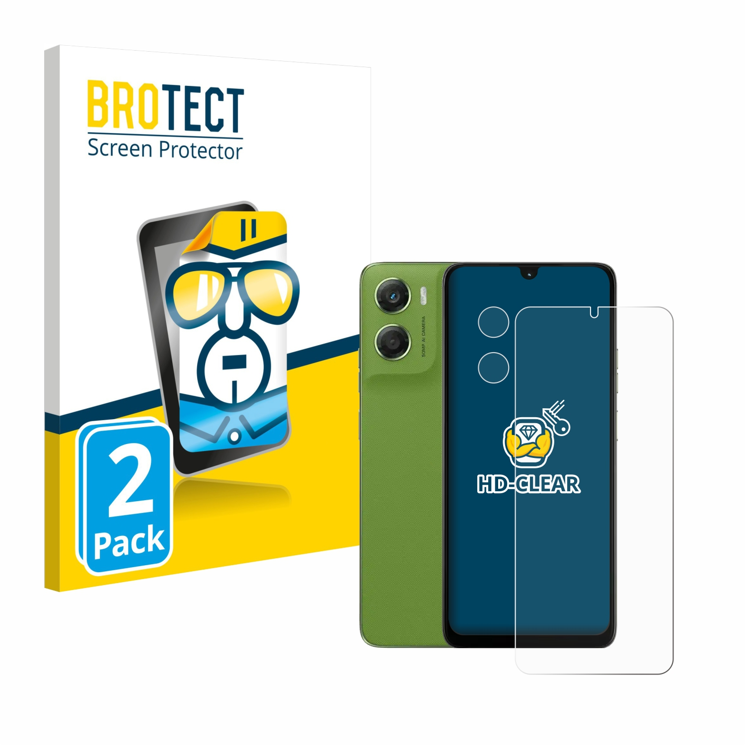 Das Bild zeigt ein Telefon mit Displayschutzfolie, eine Box mit "BROTECT" und einem "2er Pack" Aufkleber.