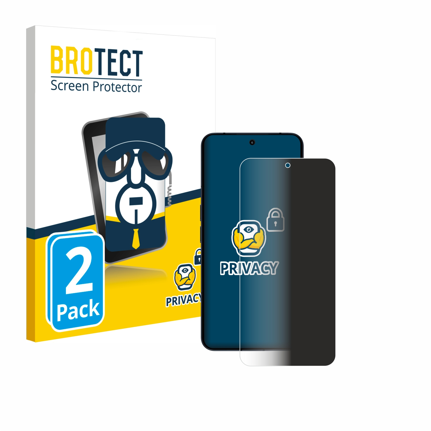 Eine Handy-Displayschutzfolienpackung. Sie enthält ein Telefon und eine Displayschutzfolie mit dem Wort 'PRIVACY'.
