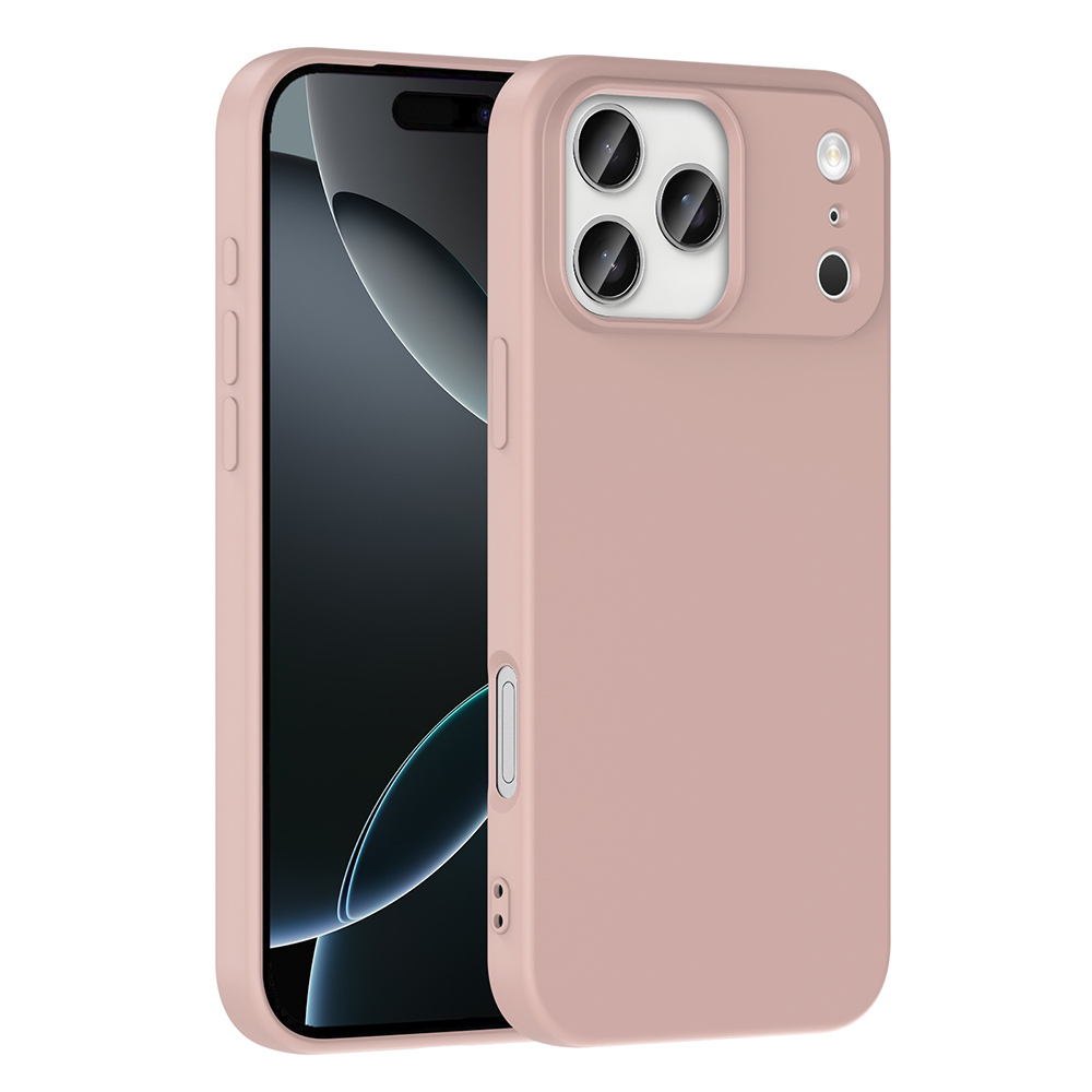 İçinde bir telefon bulunan pembe bir telefon kılıfı. Telefonun siyah bir ekranı var. Kılıfın üç lensli bir kamerası ve bir flaşı var.