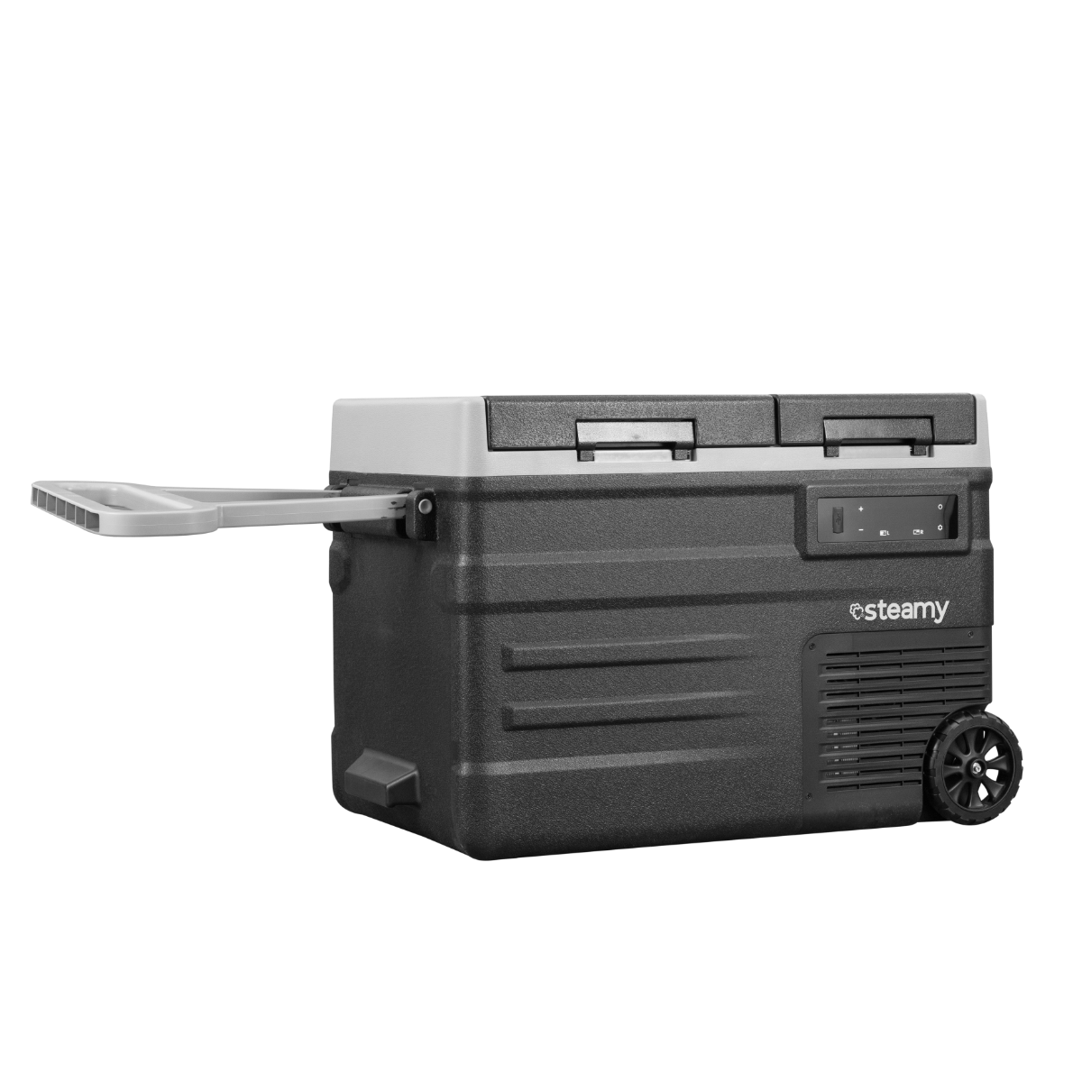 Une glacière portable sur fond noir. Elle possède une poignée, des roues et un panneau de contrôle. La marque est steamy.