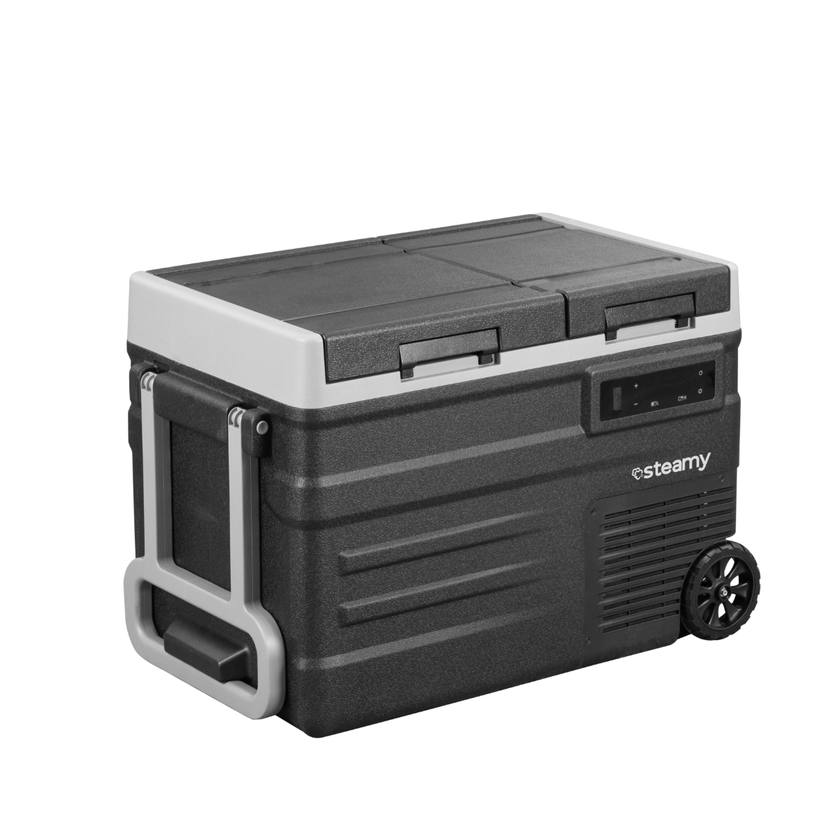Une glacière portable noire et grise avec poignée, roues et affichage numérique. Il y a un logo 'steamy'.