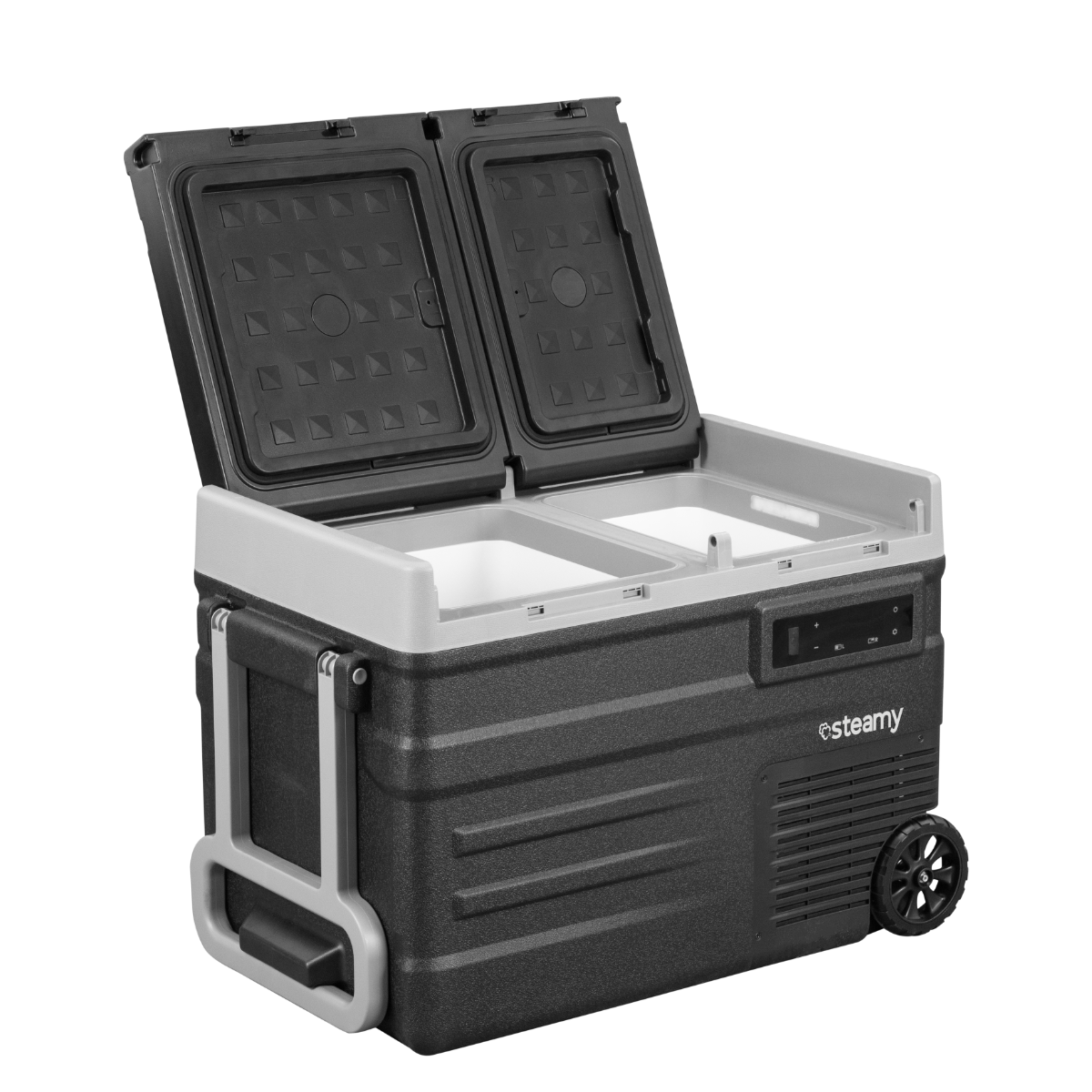 Un réfrigérateur portable noir et gris avec deux compartiments ouverts. Il a une poignée, des roues et un panneau de contrôle.