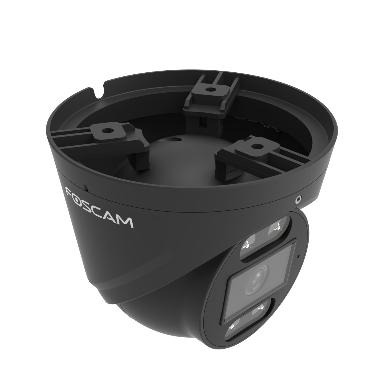 Czarna kamera bezpieczeństwa Foscam. Ma kształt kopuły z logo Foscam i widocznym obiektywem. Na górze znajdują się wsporniki.