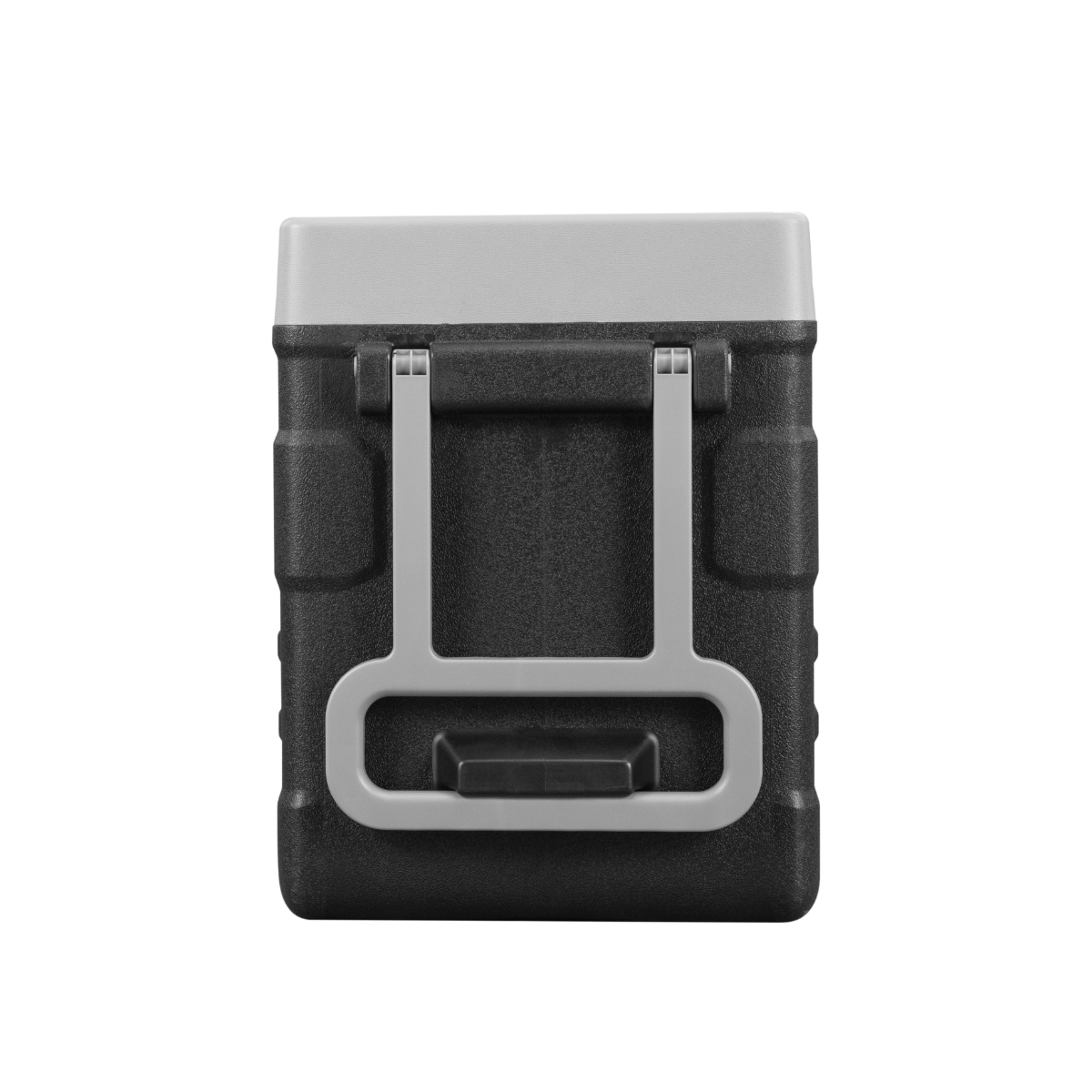 Eine schwarz-graue Kühlbox mit grauem Griff und Deckel. Die Kühlbox befindet sich vor einem schwarzen Hintergrund, der ihr Design hervorhebt.