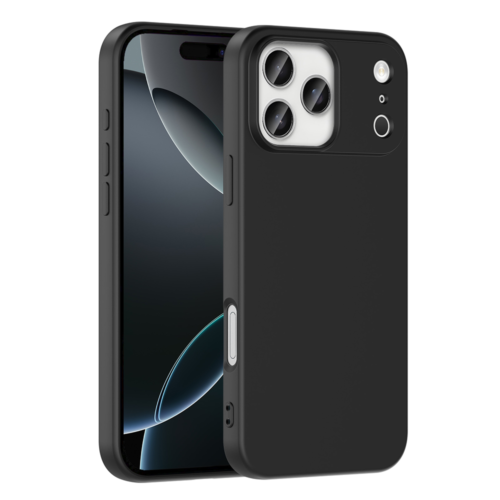 Siyah telefon ve kılıfı. Ekran, kamera lensleri ve yan düğmeler görünür. Kılıfta kamera boşluğu var.