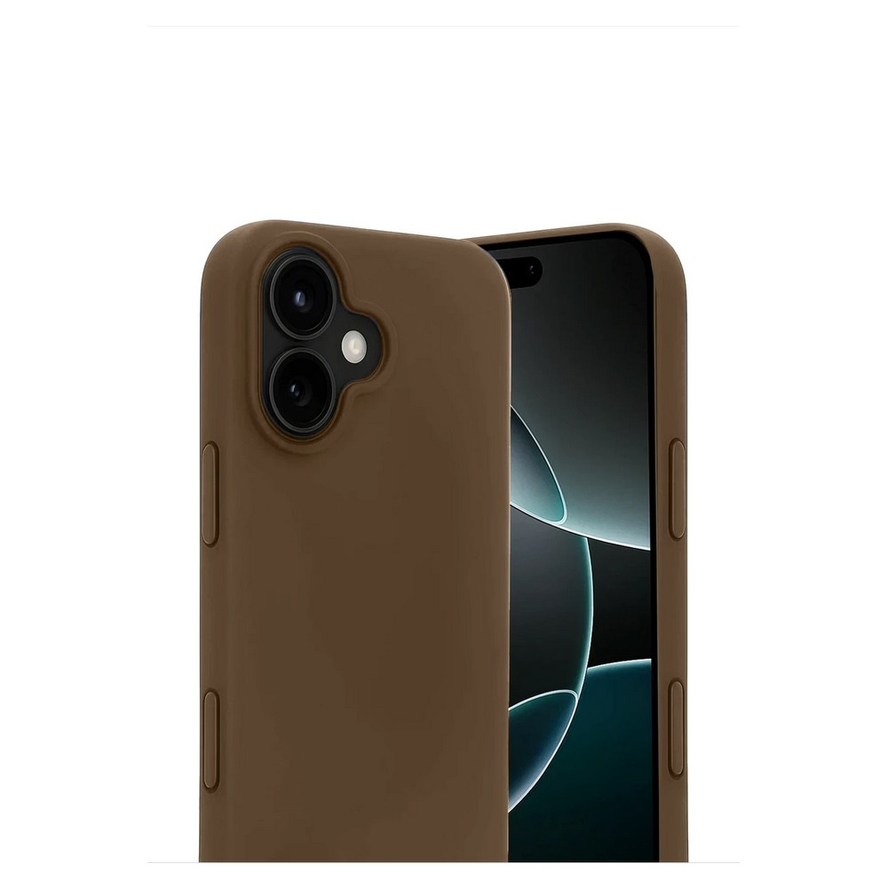 Sol tarafta kahverengi bir telefon kılıfı, sağda telefonun ekranı görünüyor. Kılıfın kamera çıkıntısı var.