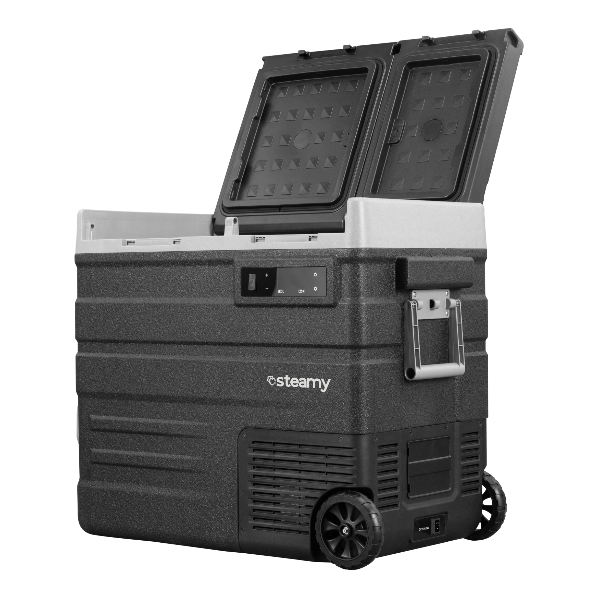 A black and gray portable refrigerator with an open lid, wheels, and handle. The brand name 'steamy' is visible on the side.