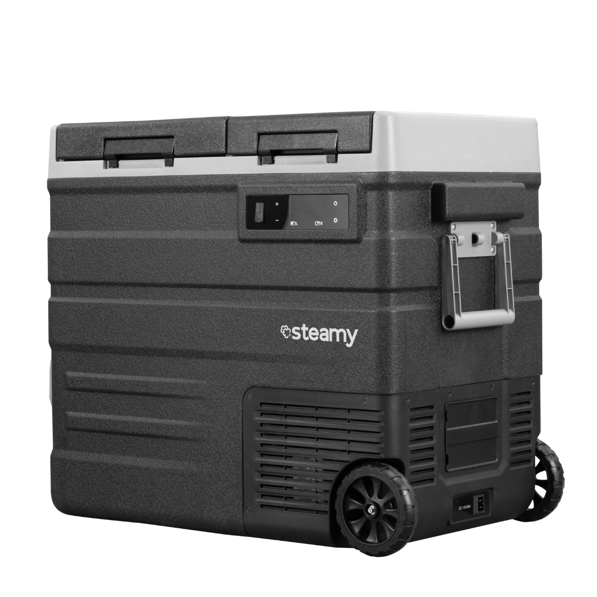 A black and gray portable fridge with wheels. It has a handle, control panel, and the 'steamy' logo. It's on a black background.