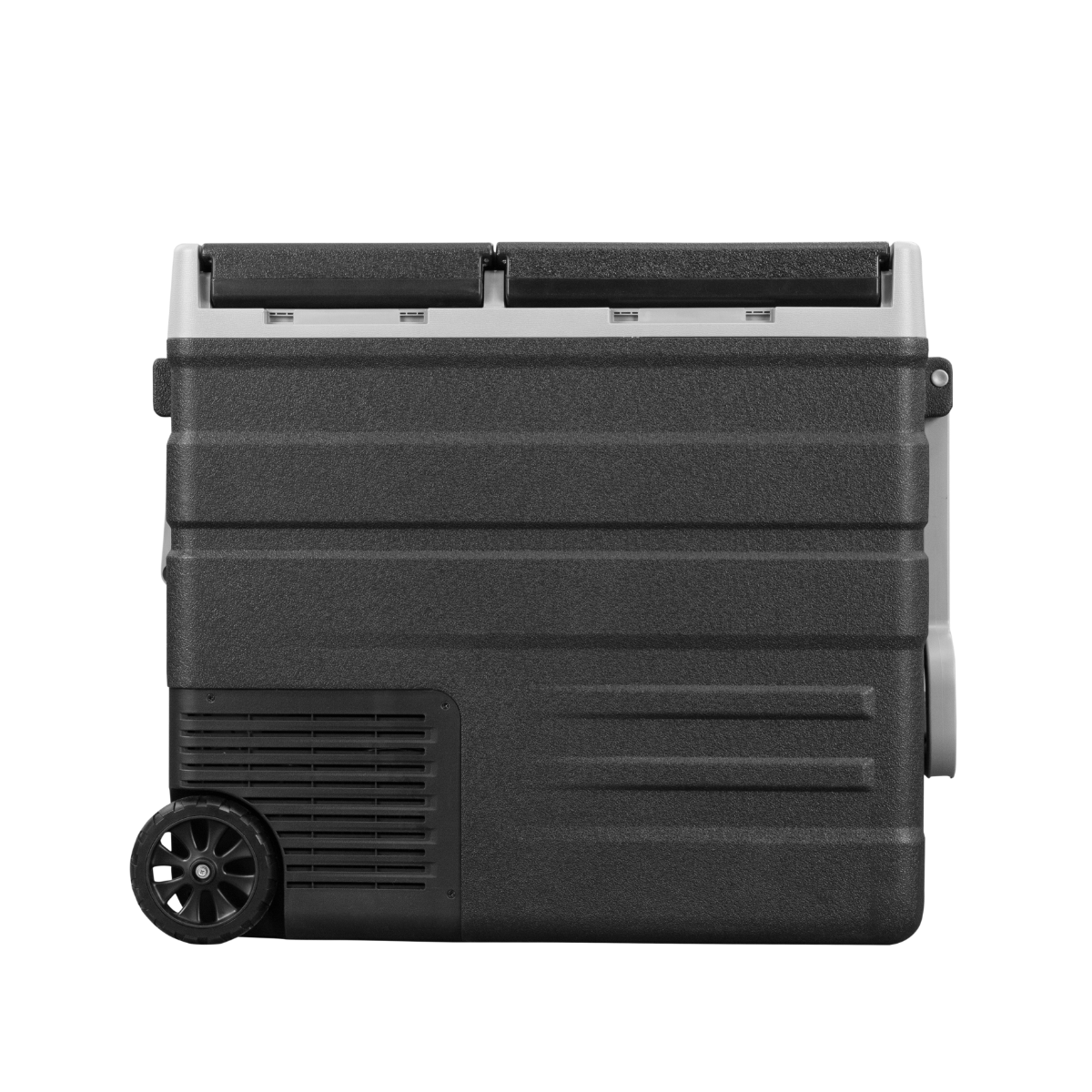 A black cooler with wheels and a handle, seen from the side. It has a vent and a lid with handles on top, set against black.