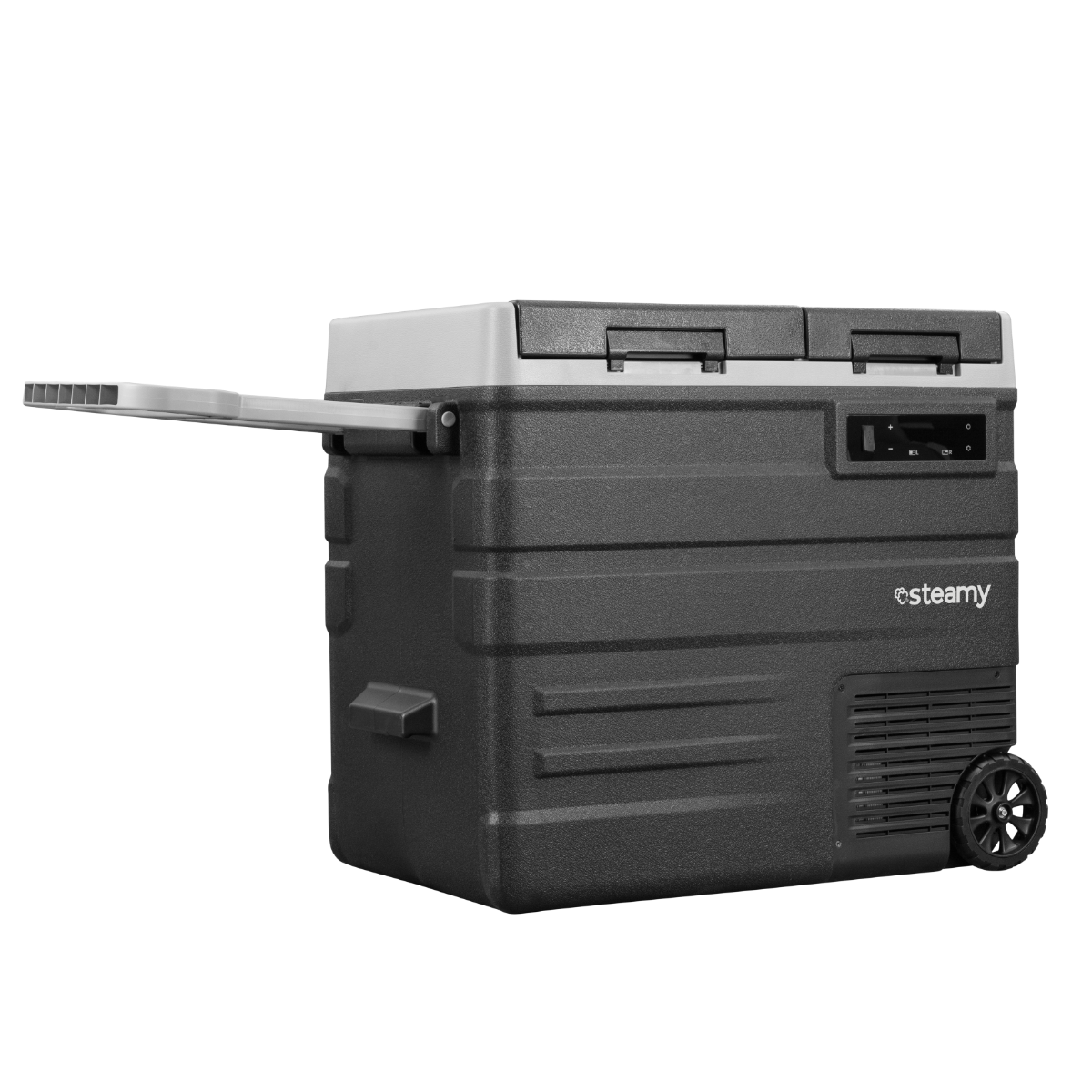 A portable black and gray cooler with a handle and wheels. The cooler has a control panel and the brand 'steamy' is visible.