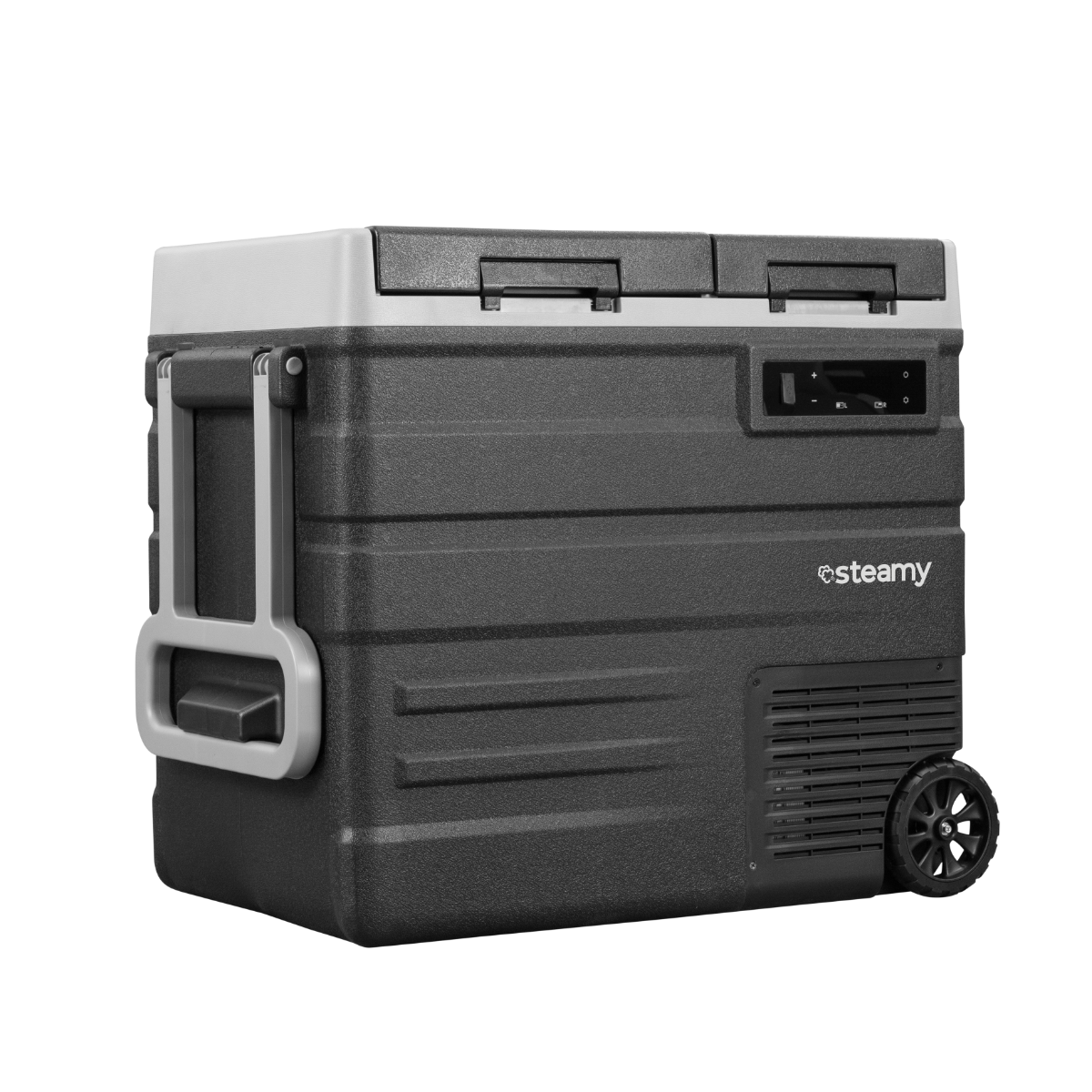 A dark gray portable refrigerator with wheels, handle, and control panel. The brand name is 'steamy'.