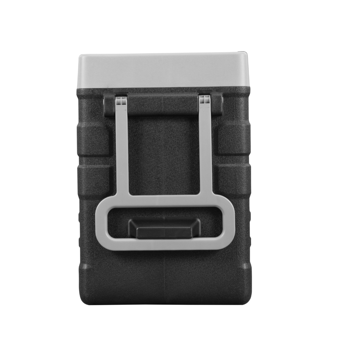 A black cooler with a gray handle and top. The handle is arched. The background is black.