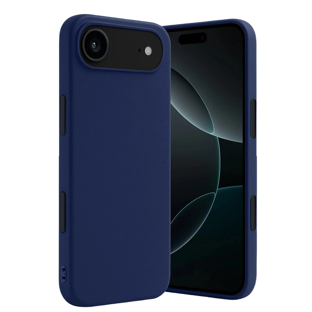 İki lacivert telefon kılıfı, birinde kamera kesimi, siyah bir telefon ekranını gösteriyor.