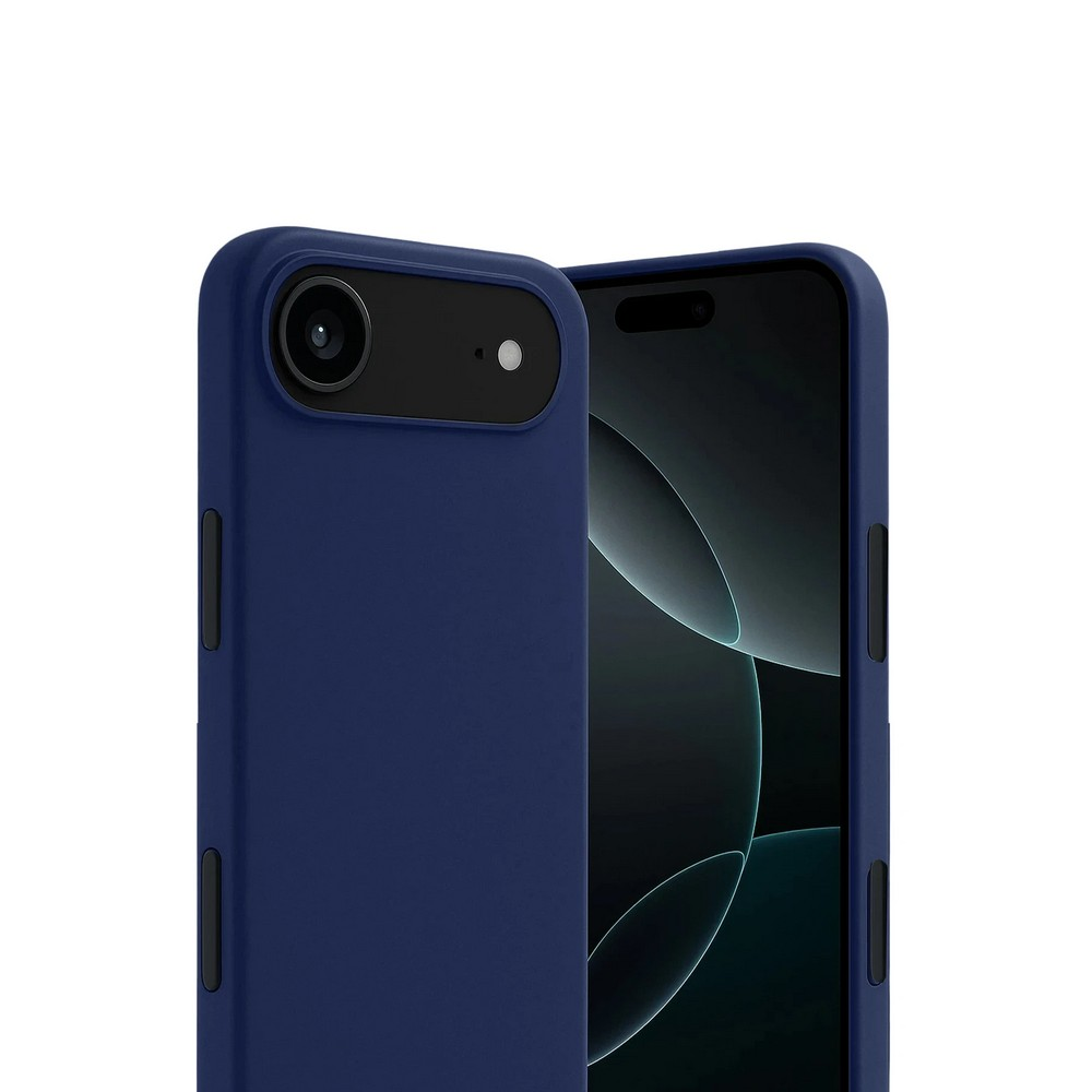 Lacivert kılıflı iki akıllı telefon. Birinde kamera merceği ve düğme, diğerinde ekran var.