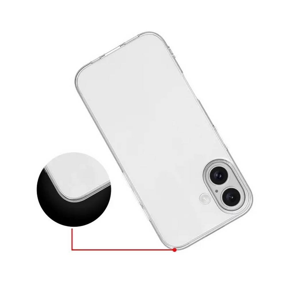 Beyaz zemin üzerinde şeffaf telefon kılıfı. Kılıfın çift lensli kamera açıklığı var. Küçük bir ekte köşe detayı gösteriliyor.