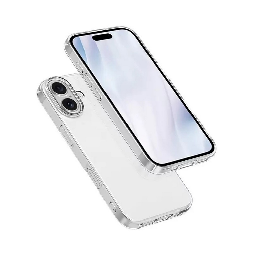 İki şeffaf telefon kılıfı, biri diğerinin üzerinde. Üst kılıfın ekran koruyucusu, alt kılıfın kamera kesimi var.