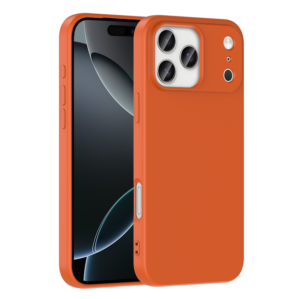 Turuncu bir telefon kılıfı ve bir iPhone. Kılıfın kamera oyuğu var ve telefonu koruyor. Ekran siyah.