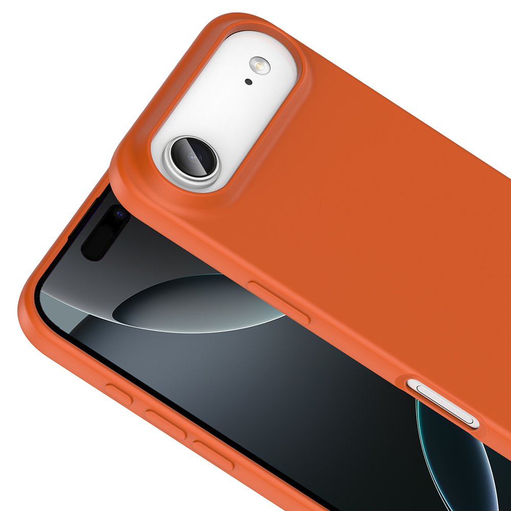 Turuncu bir telefon kılıfı, siyah bir telefon ekranını kısmen kaplar. Kamera ve flaş görünür. Kılıfın düğme kapakları vardır.