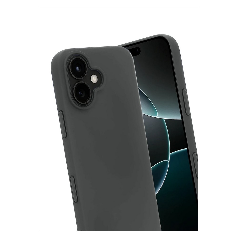 İçinde bir telefon bulunan koyu gri bir telefon kılıfı. Kılıfta iki kamera merceği ve bir flaş var. Telefon ekranı siyah.