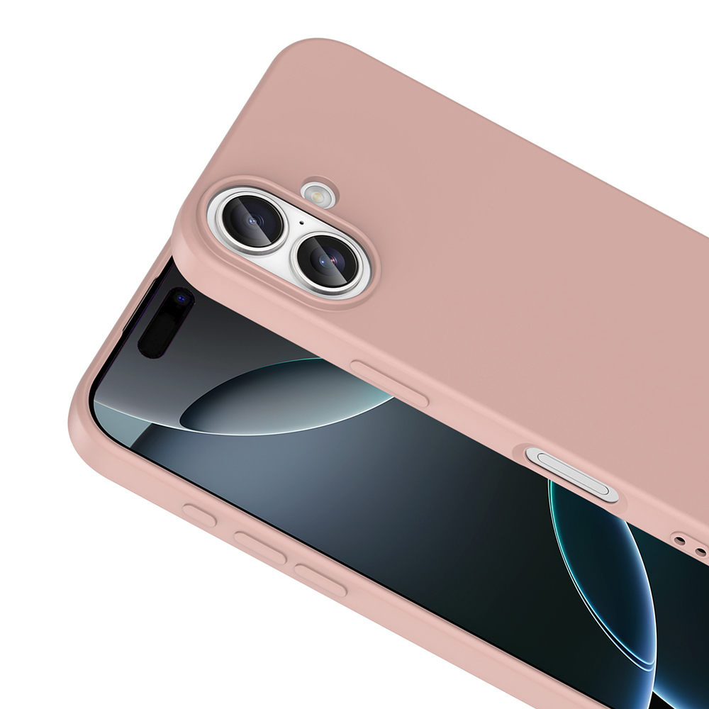 Kamera lensleri ve güç düğmesi olan açık pembe bir telefon kılıfı. Ekran, kavisli bir tasarım sergiliyor.