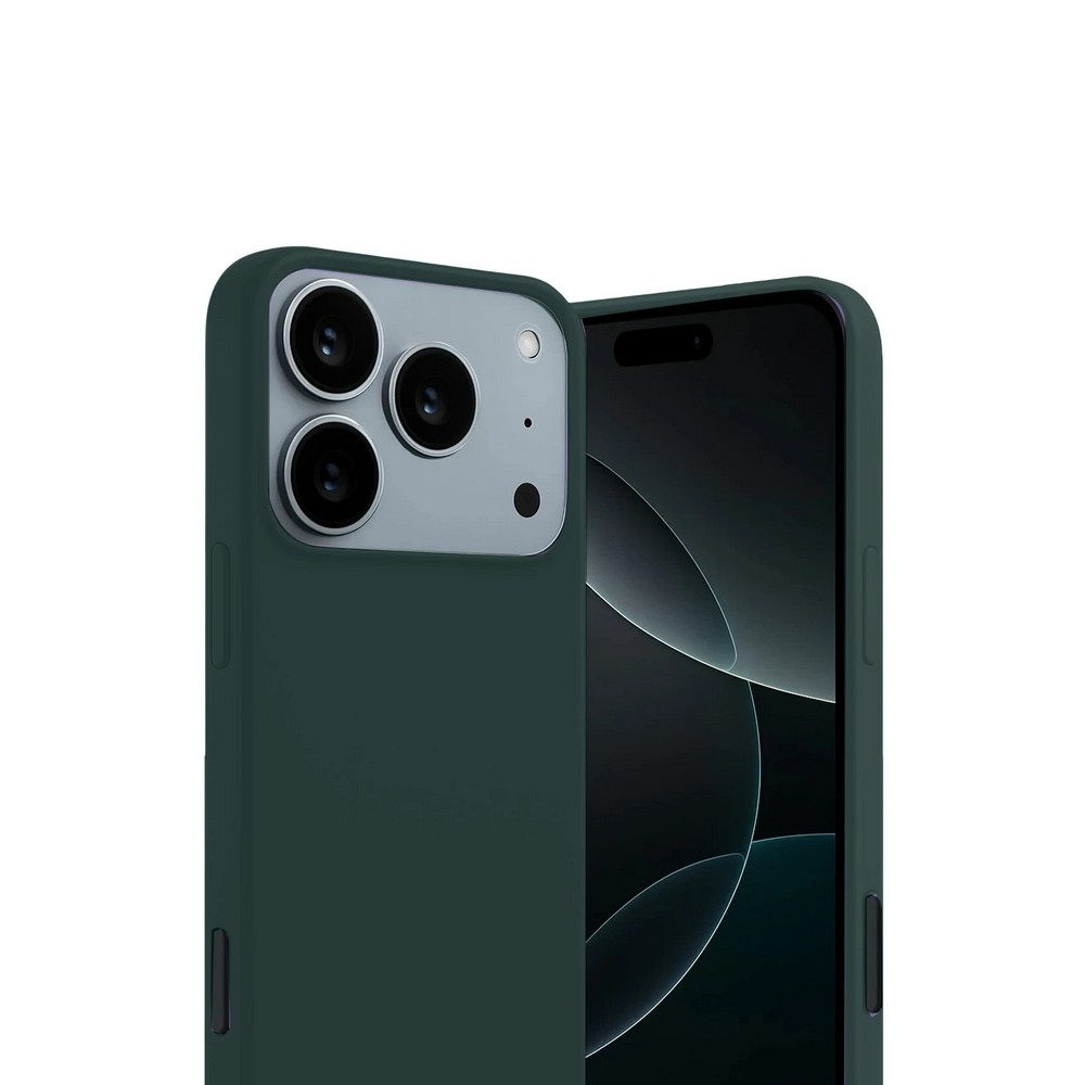İki koyu yeşil iPhone. Bir tanesi üç kameralı ve gümüş renkli kamera modüllü arka tarafı gösteriyor. Diğeri ekranı gösteriyor.