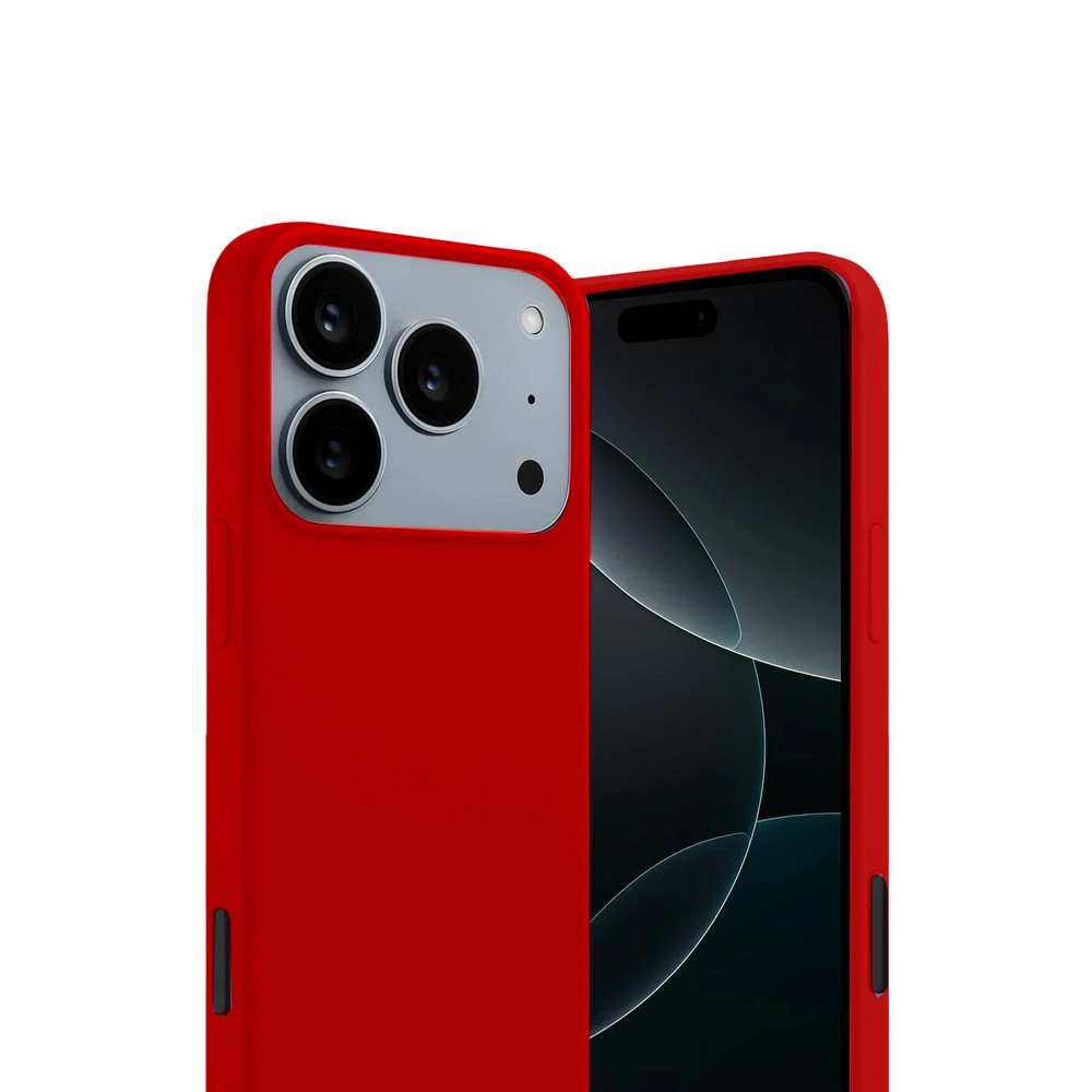 İki kırmızı iPhone kılıfı yan yana, biri kamera lenslerini, diğeri ekranı gösteriyor.
