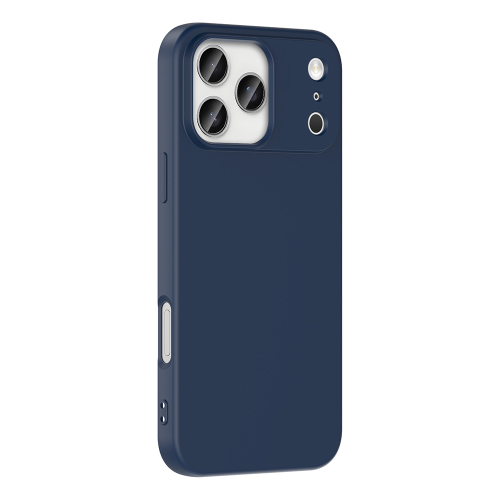 Kamera kesikleri olan koyu mavi bir telefon kılıfı. Mat bir yüzeye ve şık bir tasarıma sahiptir. Kamera alanında üç lens ve bir flaş bulunur.