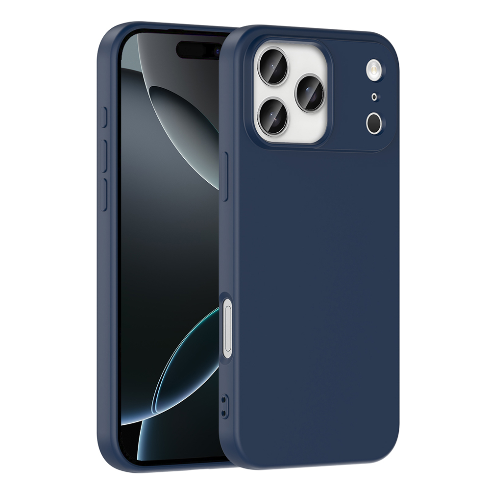 Koyu mavi bir telefon kılıfı kısmen bir telefonu kaplar. Telefonda üç lensli bir kamera modülü ve flaş bulunmaktadır.