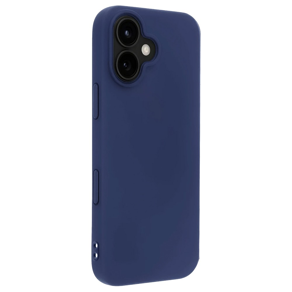 Lacivert bir telefon kılıfı. İki lensli ve flaşlı bir kamera çıkıntısı var. Kılıfın yan tarafında düğmeler var.